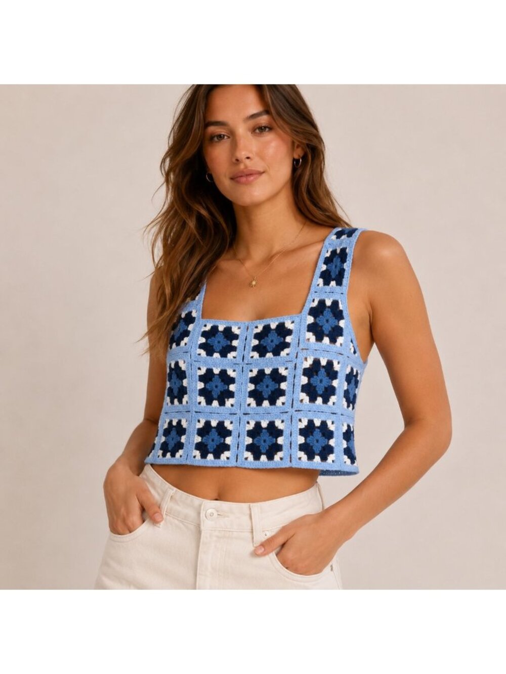 NWT FCT With Love Crochet Granny Square Tank Top Blue Floral Knit Crop Top S
